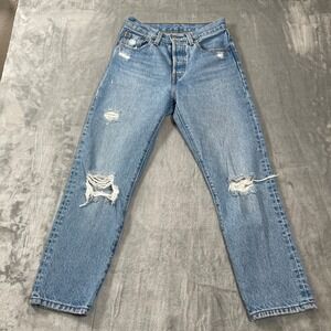 Levis 501 Jeans W24 L26 Original Fit Distressed High Rise Straight Leg Blue